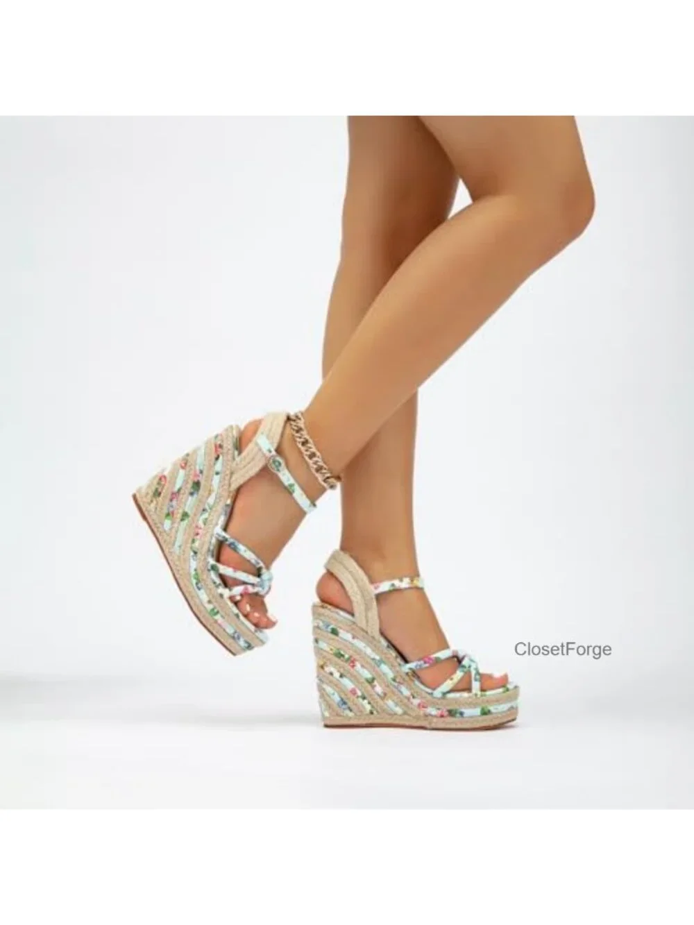 Women's Espadrille Wedge Sandals, Floral Ankle Strap Open Toe Platform High